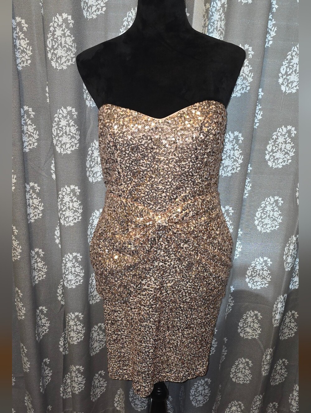 Badgley Mischka Mark & James Rose Gold Strapless Sequin Bow Dress Size 8